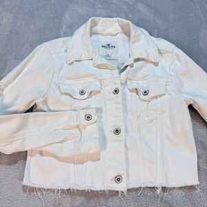 Hollister White Distressed Cropped Denim Jean Jacket Small‎ Raw Hem White Wash